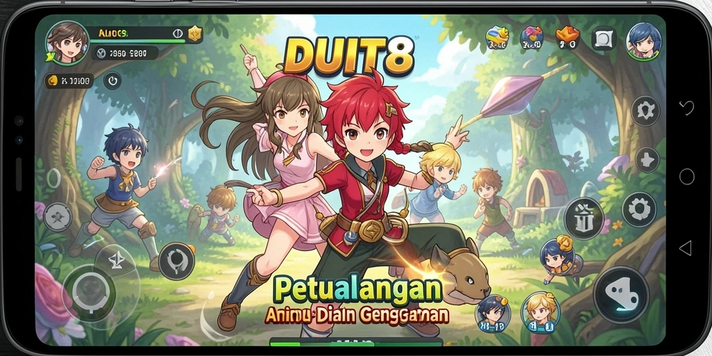 Tangkapan layar gameplay seru dari DUIT8 dengan karakter anime.
