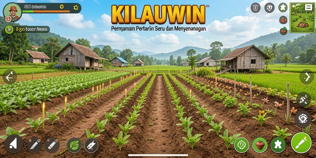 Tampilan utama gameplay KILAUWIN menunjukkan keseruan bertani.