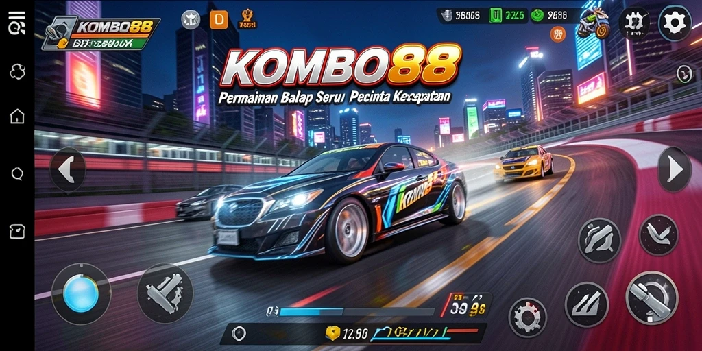 Screenshot gameplay KOMBO88 yang menunjukkan balapan kota dengan mobil cepat.