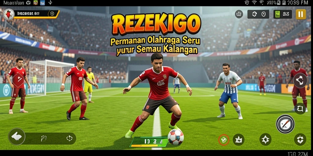 Screenshot tampilan gameplay <strong>REZEKIGO</strong> dengan aksi seru di lapangan.