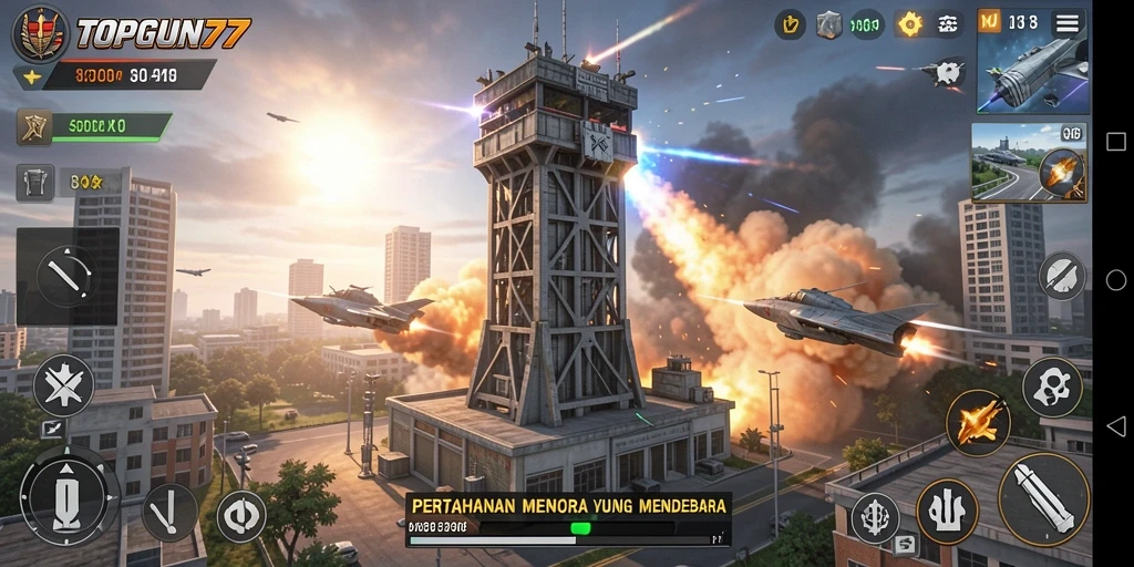 Tampilan seru gameplay TOPGUN77 dengan berbagai menara dan musuh.