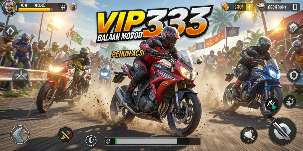 Screenshot tampilan gameplay balapan motor yang mendebarkan.