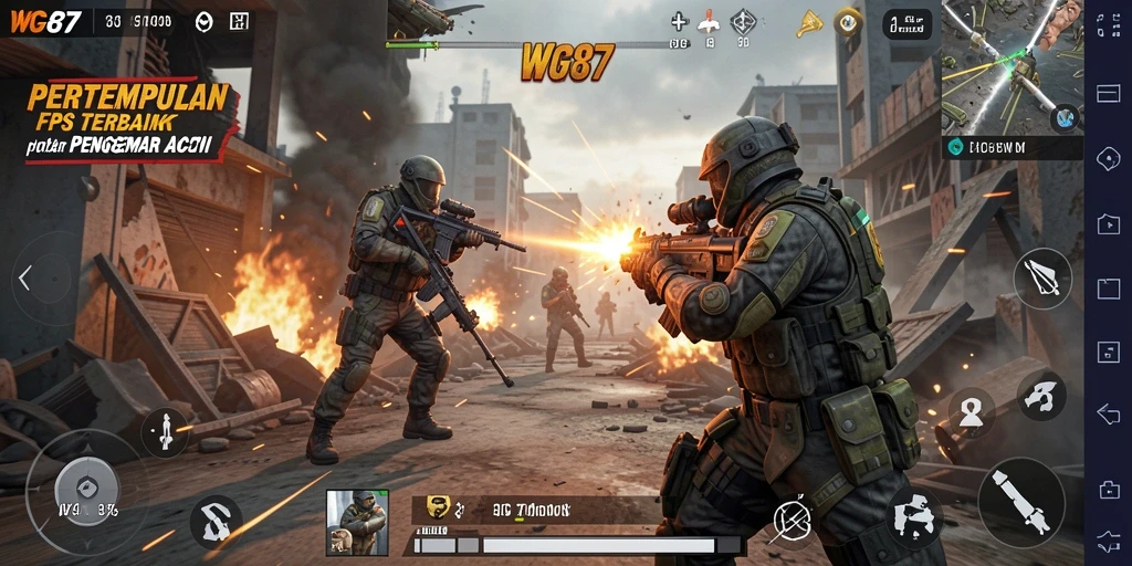Screenshot utama menunjukkan aksi menegangkan dalam game FPS.