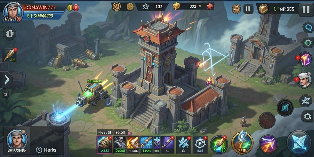 Tampilan gameplay ZONAWIN777 menampilkan menara menakjubkan dan strategi pertahanan.